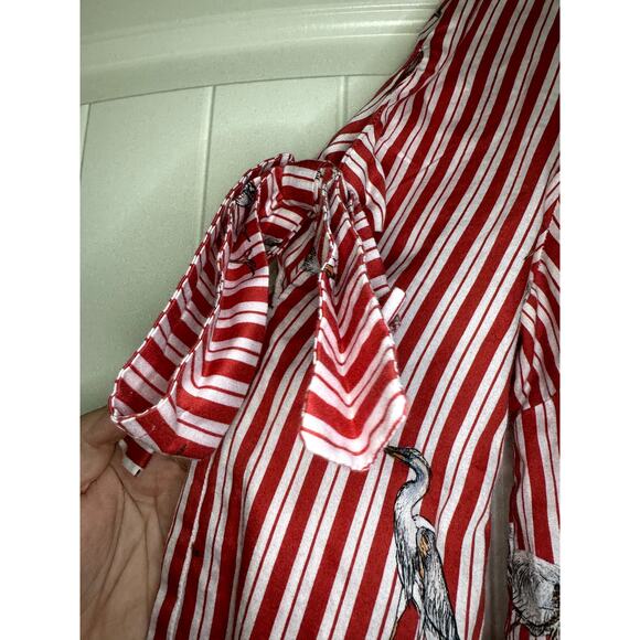 Red Vertical Striped w/Heron Bird Print Bow by Zara Womens Long Sleeve Blouse L - Picture 4 of 13